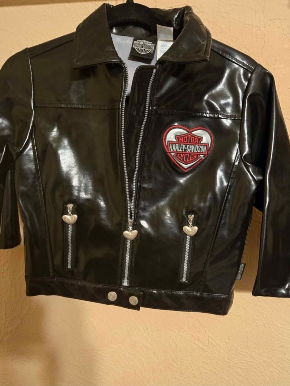 Vintage Harley-Davidson Black Faux Leather Jacket with Red Heart Patch